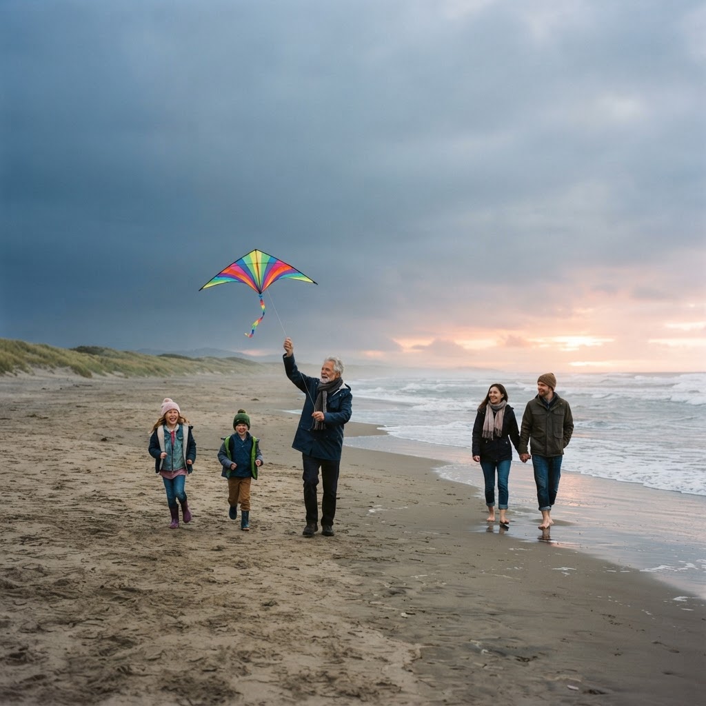 A multi-generational family flying a kite on a wide sandy beach at Ocean Shores, Washington, with cool coastal light and distant dunes.